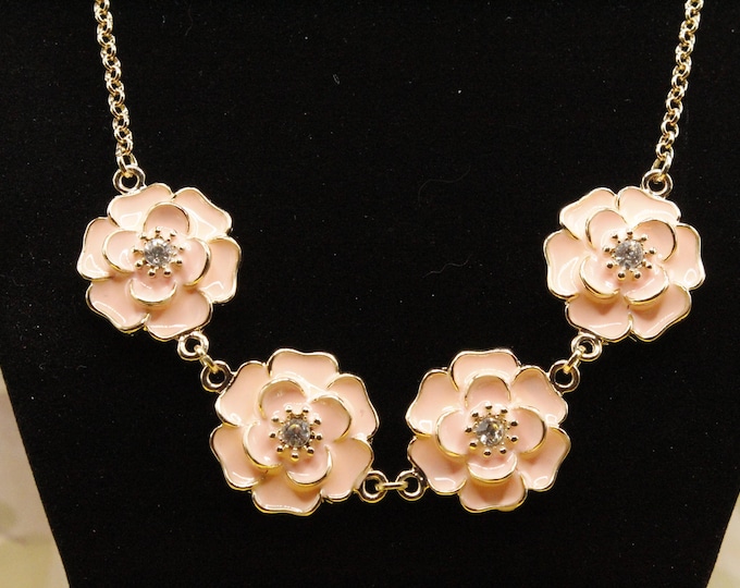 Statement Pink Rose Necklace; Peachy Rose Necklace; Flower Pink Peachy Necklace; Enamel and Rhinestone Flower Rose Necklace