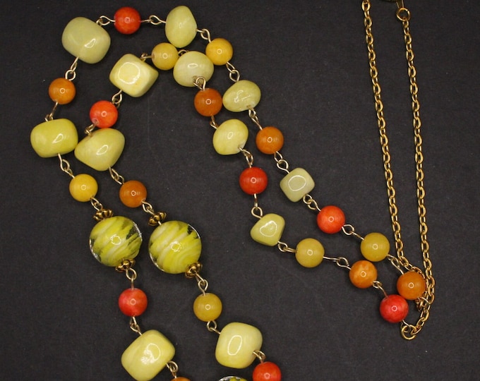 Handmade Lampwork Swirl Glass Lemonade Necklace Set: Yellow Orange Summer Jewelry