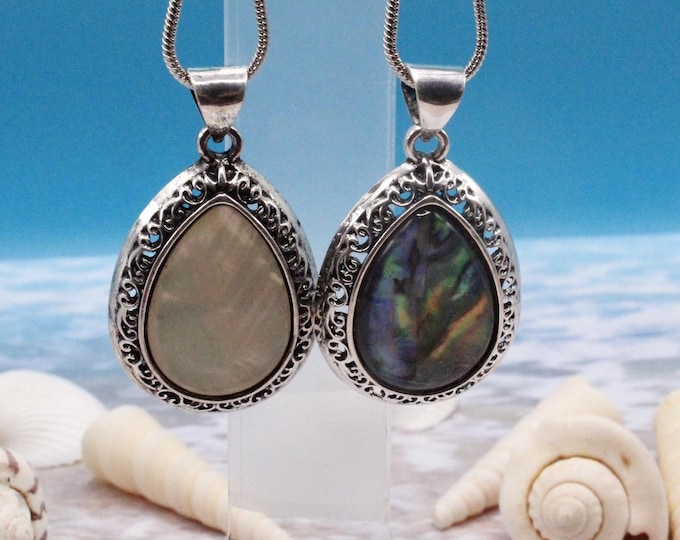 Natural Abalone Paua Teardrop Pendant Necklace; Abalone Teardrop Pendant; Abalone Teardrop with Silver Etching