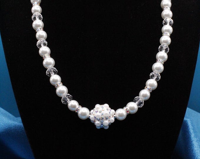Pearls and Crystal Necklace Set; Center Focal Pearl with Rhinestones and Crystals Necklace Set;  Crystal and White Pearls Necklace Set