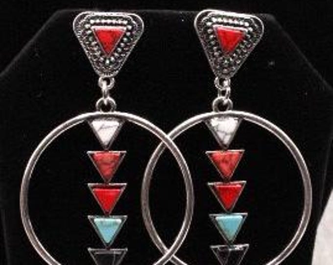 Southwestern Triangle Earrings; MultiColor Triangle Turquoise Earrings; Triangles and Hoop Earrings; Western Style Triangle Earrings