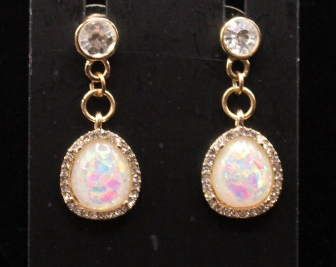 Teardrop Iridescent Rhinestone Earrings; White Textured Iridescent Rhinestone Earrings; Teardrop Iridescent Earrings