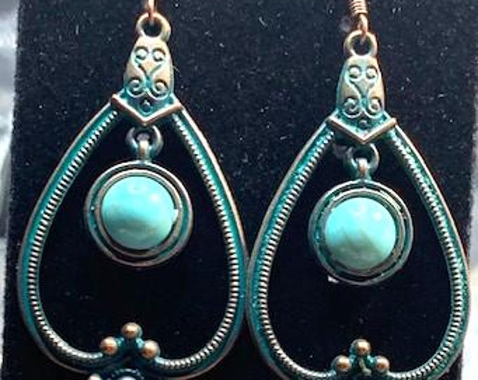 Teardrop Patina Faux Turquoise Dangle Earrings; Green Patina Teardrop Earrings; Cowgirl Style Earrings with Green Patina and Faux Turquoise