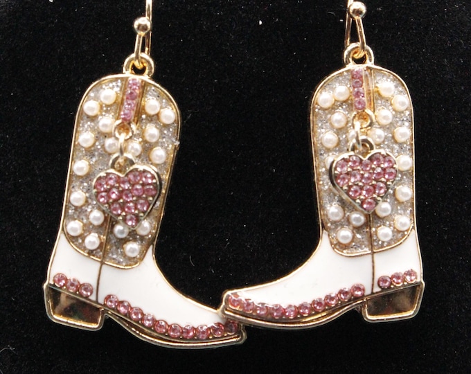 Hearts and Boots Earrings; Western Style Rhinestone Boot Earrings; Pink Rhinestone and Pearl Boot Earrings; Southwestern Rhinestone Earrings