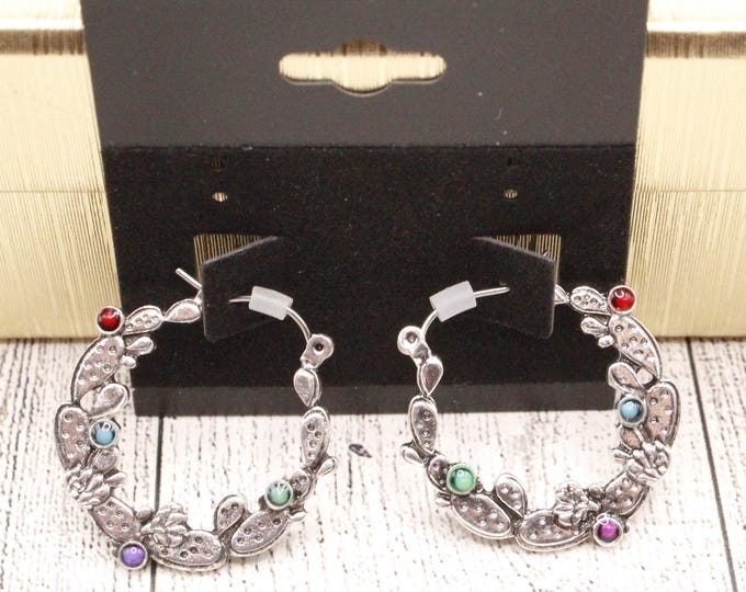 Western Style Cactus Hoop Earrings; Latch Back Hoop Earrings; Cactus Hoop Earrings; Prickly Pear Cactus Hoop Earrings