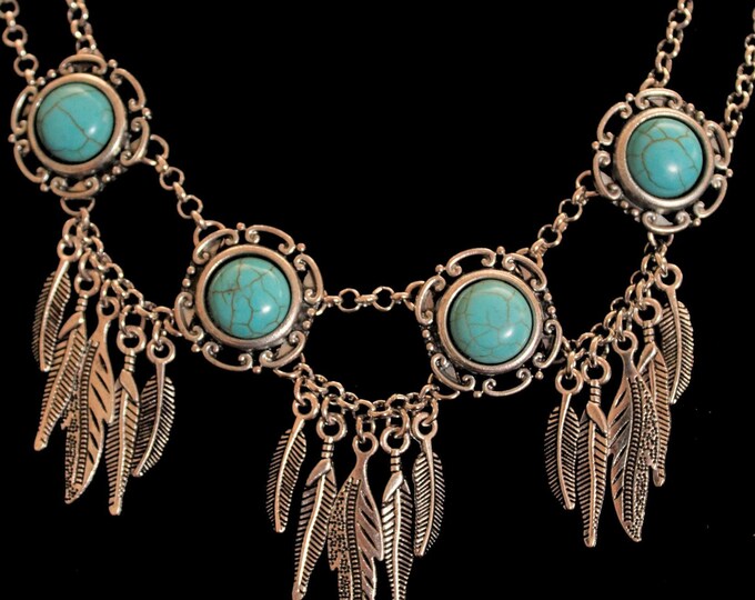 Turquoise Medallion and Feather Necklace Set; Turquoise Necklace Set
