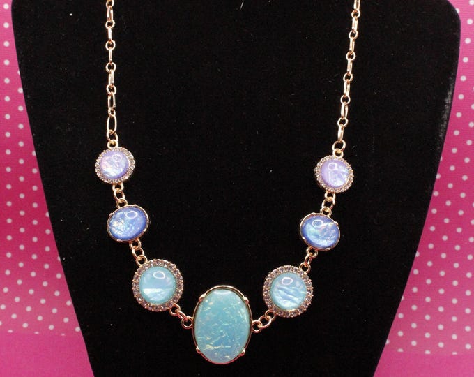 Opal and Rhinestone Collection; Teal, Blue, Purple Necklace, Bracelet, and Earrings; Imitation Opal and Rhinestone Necklace Set