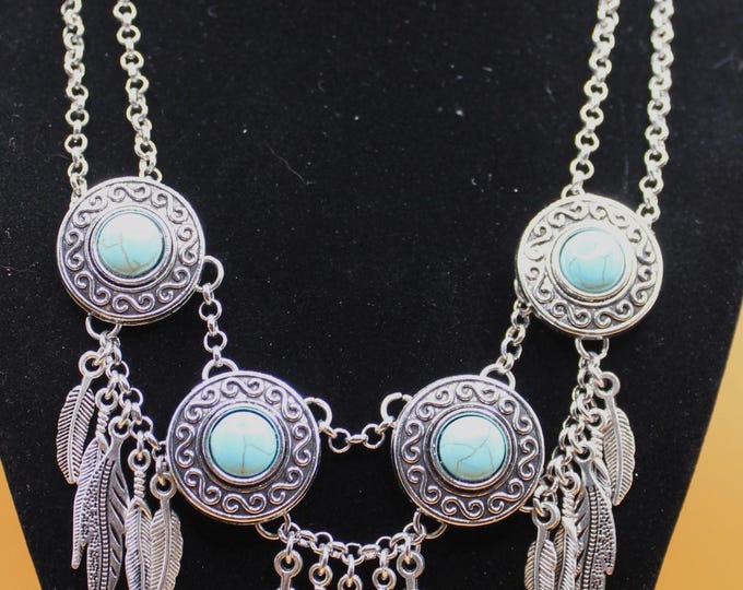 Turquoise Medallion and Feather Necklace Set; Turquoise Necklace Set