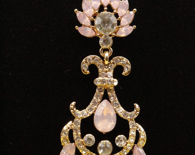 Ornate Pink and Clear Rhinestone Pendant Necklace; Pink Rhinestone Pendant; French Ornate Rhinestone Pendant