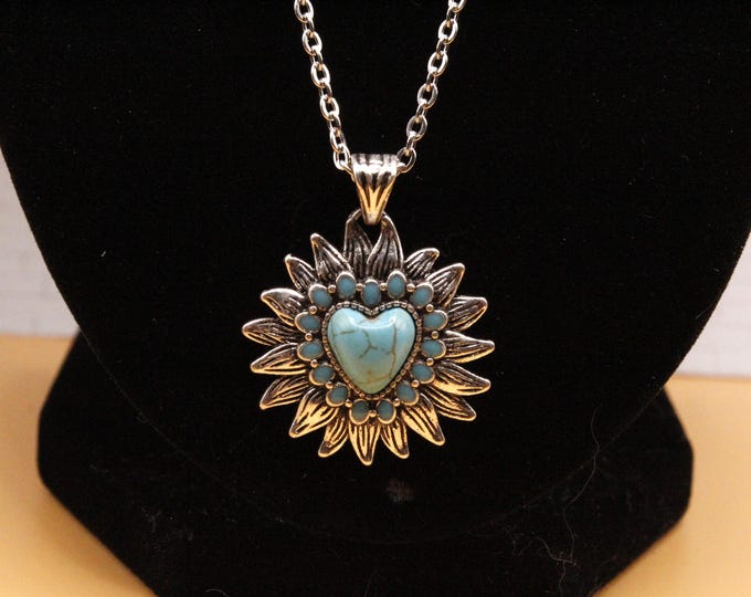 Turquoise Flower Heart Pendant; Flower and Heart Turquoise Pendant Necklace; Southwestern Heart and Flower Turquoise Pendant Necklace