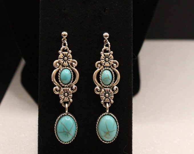 Turquoise Dangle Earrings; Floral Style Turquoise Earrings; Floral with Stone Accent Earrings; Southwestern Style