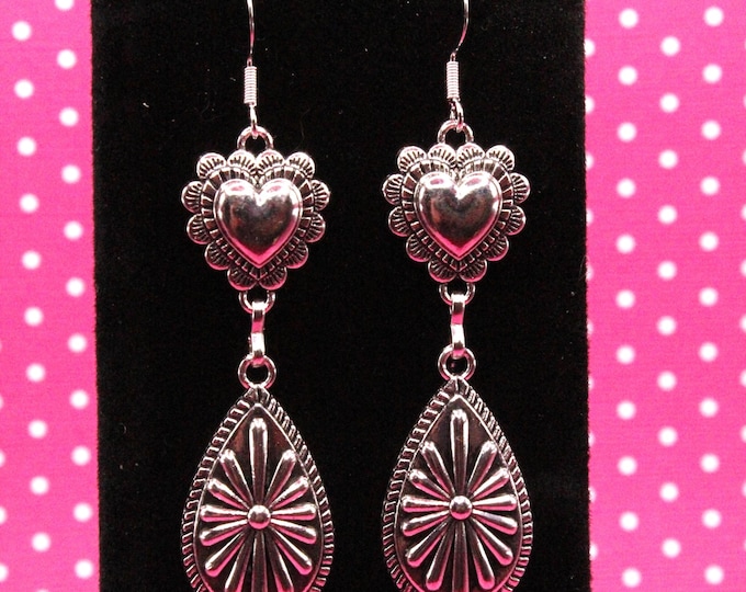 Heart Concho Earrings; Heart and Teardrop Concho Earrings; Silver Heart Concho Earrings; Western Style Earrings