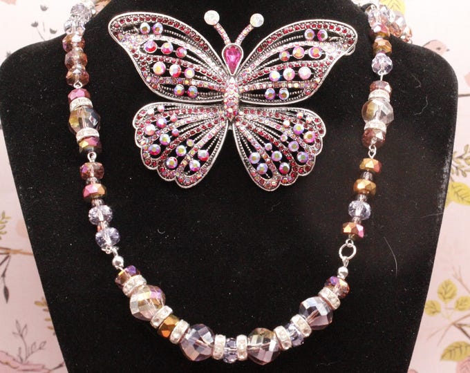 Fuschia Butterfly Necklace and Brooch Combination; Plum and Fuschia Butterfly Brooch; Crystal Fuschia Beaded Necklace Set