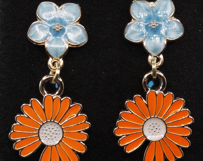 Spring Daisy Flower Earrings – Orange Enamel Dangle Jewelry