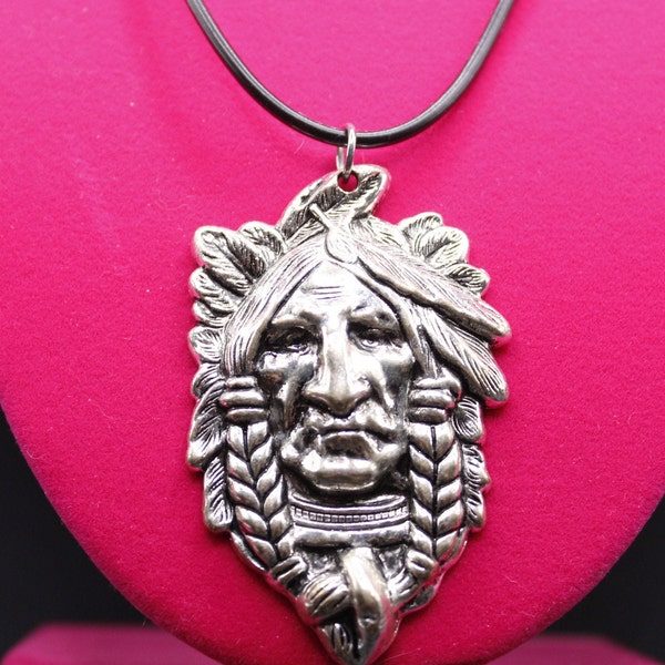 Western Style Indian Head Pendant Necklace; Western Pendant Necklace; Silver Indian Head Pendant