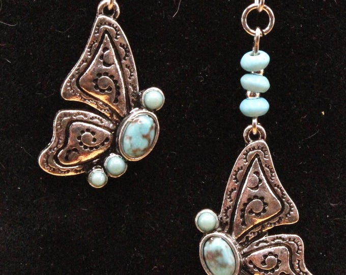 Western Style Butterfly Earrings; Howlite Blue Butterfly Earrings; Detailed Butterfly Earrings; Southwestern Butterfly Earrings