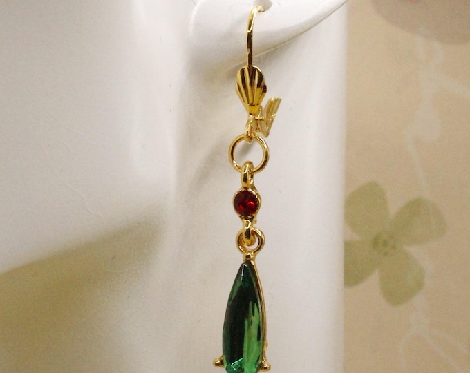 Green and Red Rhinestone Teardrop Earrings; Drop Rhinestone Earrings; Drop Red and Green Rhinestone Earrings; Springtime Green Drop Earrings