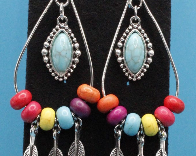 Teardrop Hoop Chandelier Earrings; Multi Color Chandelier Earrings; Teardrop Earrings with Beads and Feathers; Southwestern Hoop Earrings