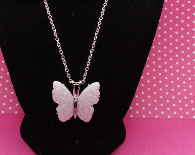 Butterfly Pendant Necklace; Glitter White Butterfly Pendant Necklace; White Butterfly Pendant