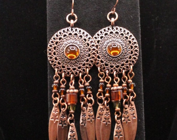 Copper Chandelier Earrings; Dreamcatcher Earrings; Amber and Copper Chandelier Earrings