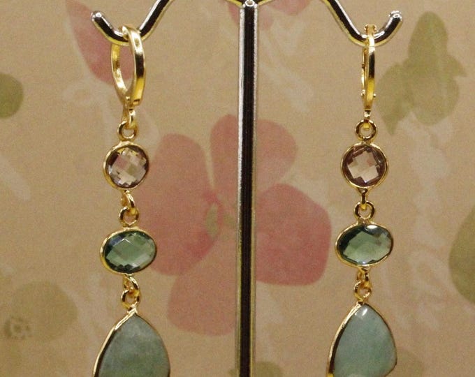 Amazonite Earrings; Crystal Amethyst Earrings; Rounded Triangle Shape Amazonite Earrings; 3 tier Amazonite Apatite Crystal Quartz Earrings