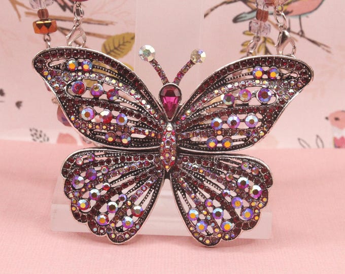 Fuschia Butterfly Necklace and Brooch Combination; Plum and Fuschia Butterfly Brooch; Crystal Fuschia Beaded Necklace Set