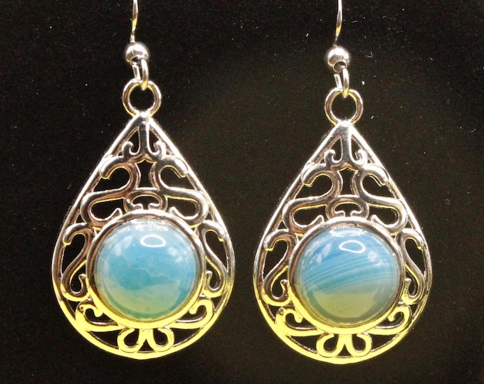 Teardrop Filigree Stone Earrings; Blue Agate Teardrop Earrings; Natural Red Jasper Teardrop Earrings; Crystal Quartz Teardrop Earrings