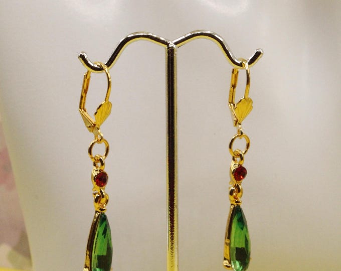 Green and Red Rhinestone Teardrop Earrings; Drop Rhinestone Earrings; Drop Red and Green Rhinestone Earrings; Springtime Green Drop Earrings
