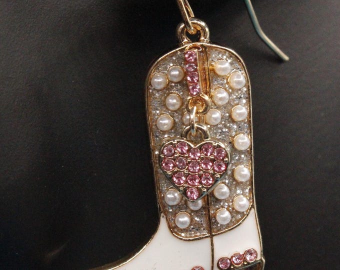 Hearts and Boots Earrings; Western Style Rhinestone Boot Earrings; Pink Rhinestone and Pearl Boot Earrings; Southwestern Rhinestone Earrings