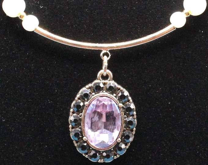 Rhinestone and Pearl Necklace Sets; Oval Amethyst Rhinestone and Pearls Necklace; Hexagon Royal Blue Rhinestone and Pearls Necklace