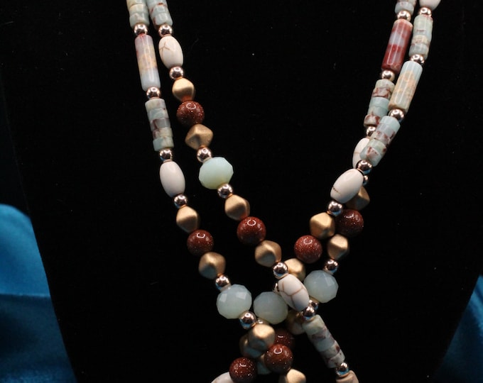 Multi Gemstone Stone Necklace Set; Aqua Terra Jasper Stone Necklace Set; Aqua and Brown  Jasper Necklace Set; Jasper Stone Necklace Set