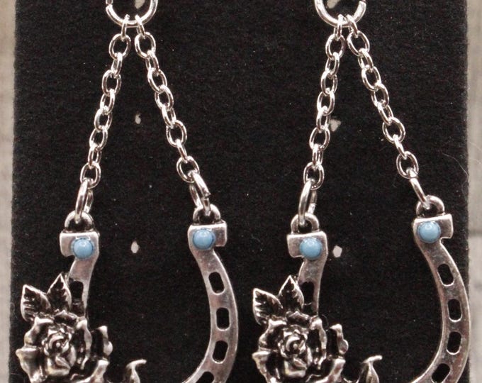 Horseshoe Earrings; Floral Horseshoe Earrings; Silver and Blue Horseshoe Earrings; Western Floral Horseshoe Earrings