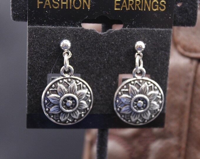 Sunflower Medallion Metal Earrings; Silver Sunflower Earrings