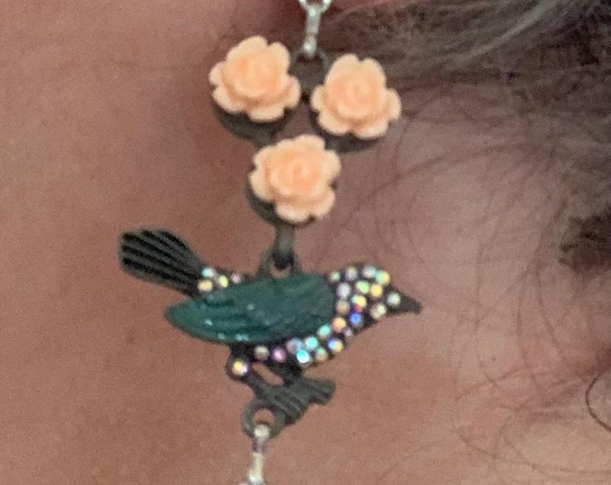 Roses and Hummingbird Earrings; Springtime Hummingbird Earrings