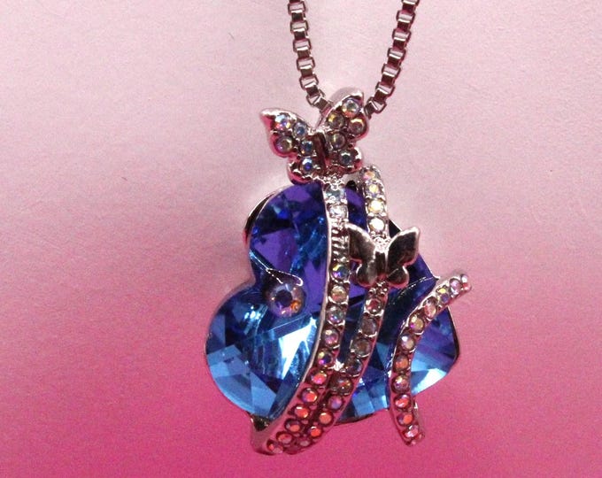 Purple Blue Heart with Butterfly Pendant Necklace; Crystal Heart Pendant Necklace; Blue Purple Crystal and Rhinestones Pendant Necklace