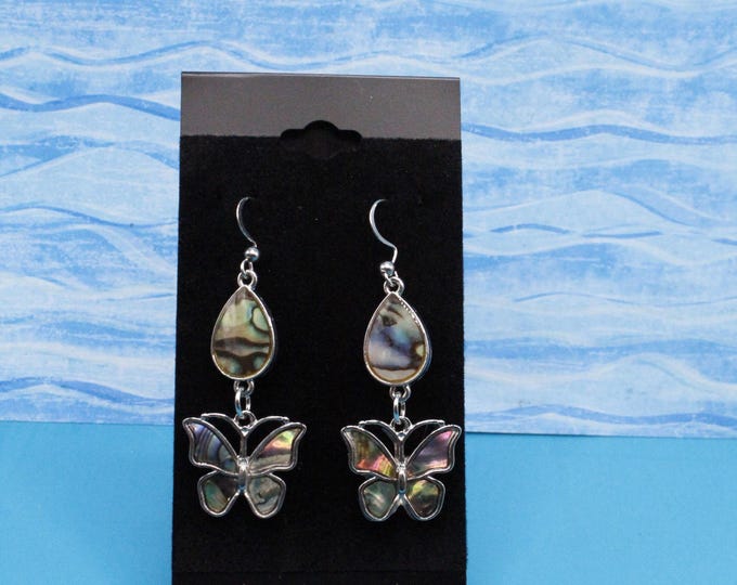 Silver Butterfly Abalone Teardrop Dangle Earrings