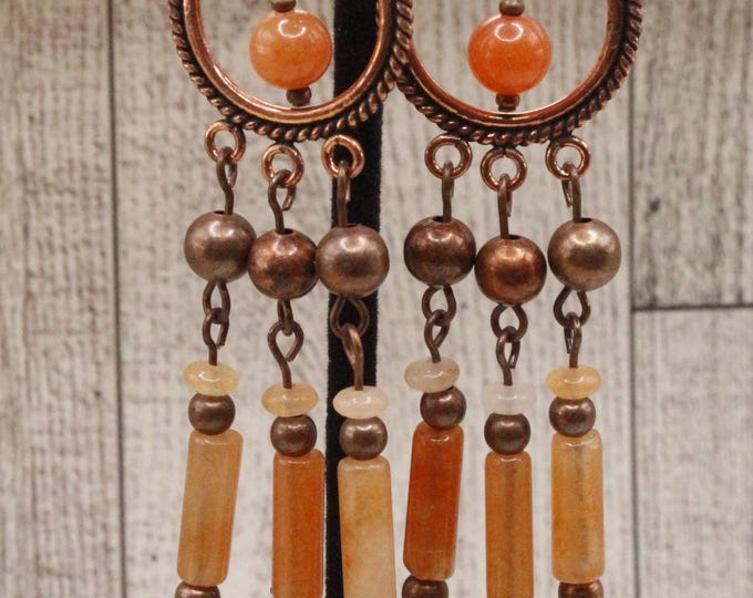 Western Red Aventurine Chandelier Earrings; Antique Copper and Red Aventurine Chandelier Earrings; Western Chandelier Earrings