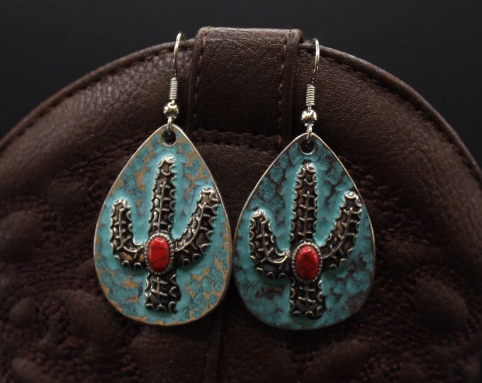 Cactus Earrings; Teardrop Shape with Silver Cactus; Western Style Earrings; Southwestern Style Earrings; Teal Color Teardrop Earrings