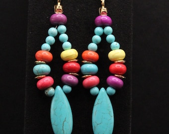 Colorful Howlite Turquoise Earrings; Teardrop Howlite Turquoise Earrings; Turquoise Howlite Stone Beads Earrings
