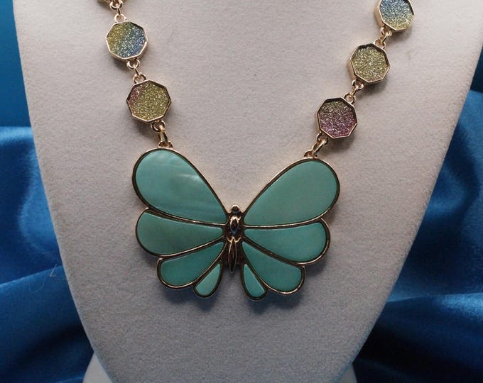 Butterfly Pendant; Shell Green/Aqua Butterfly Pendant Necklace; Glitter Octagon Ombre Connectors; Butterfly Pendant with Gold Edges