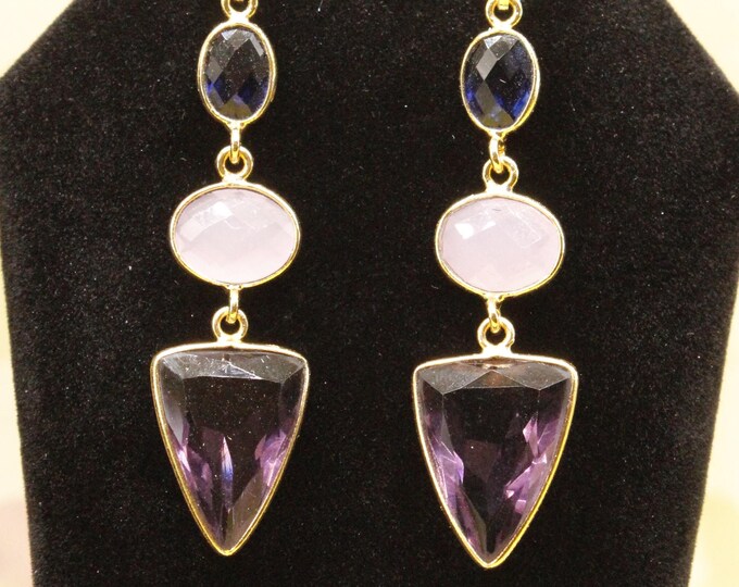 Amethyst Earrings; Crystal Amethyst Earrings; Arrowhead Shape Amethyst Earrings; 3 tier Amethyst Pink Chalcedony and Iolite Quartz Earrings