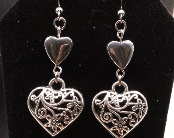Silver Filigree and Hematite Heart Dangle Earrings