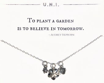 Women's Necklace, Garden Flowers, For Mom, Mother, Best Friend, Jewelry, For Her, Gift, Green Thumb, Silver Charm Necklace