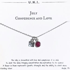 July Birthday Necklace • Sterling Silver • For Her • Mom • Daughter • Girlfriend • Friend • Dainty Jewelry • Flower Charm • Ruby Birthstone