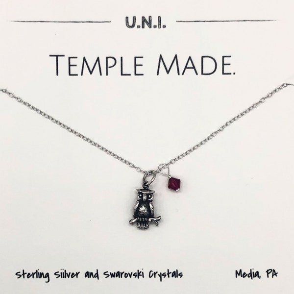 Temple University • Women's Charm Necklace • Sterling Silver • For Her • Daughter • Girlfriend • Friend • Jewelry • Owl • Collegiate