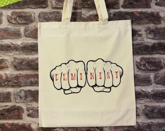 Feminist, knuckle tattoo, tote bag, book bag, gifts for feminists