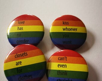 Set of 4 pride badges, support LGBT+ community, pride, rainbow badges, pinback badges