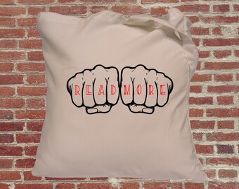 Read more, knuckle tattoo, tote bag, book bag, gifts for book lovers