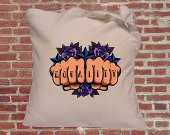 Feminist tote bag, Equality, knuckle tattoo, tote bag, feminist bag, slogan tote gift for feminists