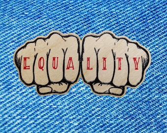 Clearance Feminist Equality - wooden pin badge - tattoo knuckles, cute, funny, feminist